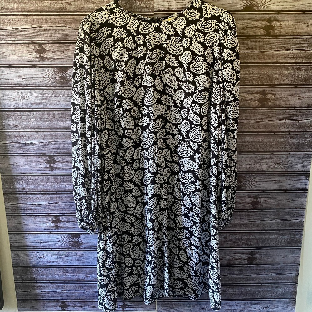 Boden Women's Long-Sleeved Dress Size US 12R Black White Paisley Back Zipper NWT